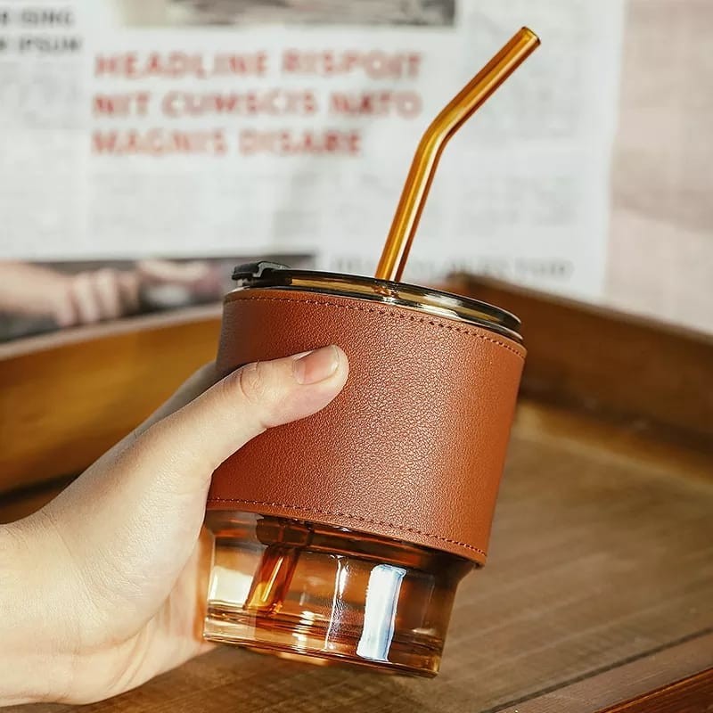 Tasse de paille en verre de 400 ml avec couverture d'isolation thermique Portable café lait thé jus