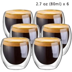 Lot de 6 tasses à expresso en verre borosilicate à double paroi (6 x 80 ml), tasses à café en verre