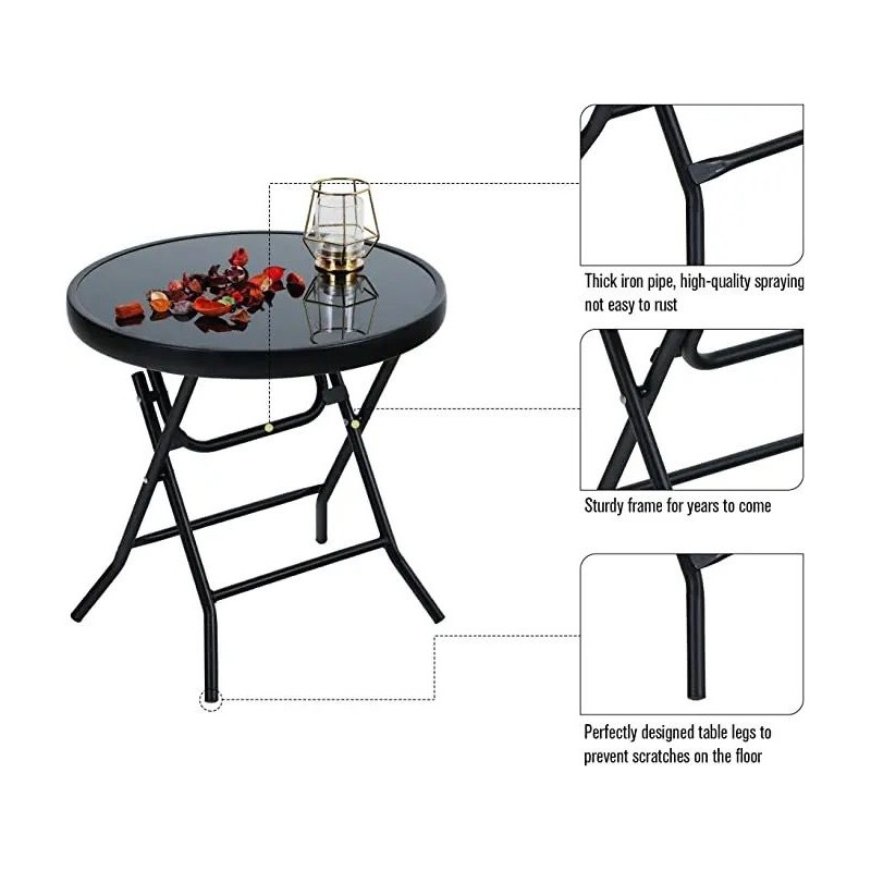 Table d'appoint, ronde, pliable, en verre et métal, petite table de balcon, résistante aux intempéries, facile à entretenir