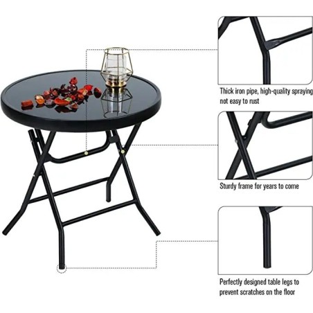 Table d'appoint, ronde, pliable, en verre et métal, petite table de balcon, résistante aux intempéries, facile à entretenir